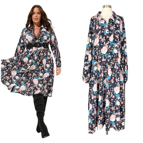 Torrid | Floral Print Crepe Plus Size Blue Pink Pocket Button Midi Dress 4 4 X - Picture 1 of 14